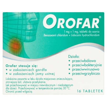 Orofar 1 mg + 1 mg Tabletki do ssania 16 tabletek